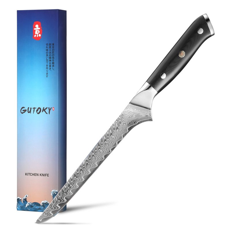 6 Inch Damascus Boning Knife, Feather Pattern Blade With G10 Handle ...